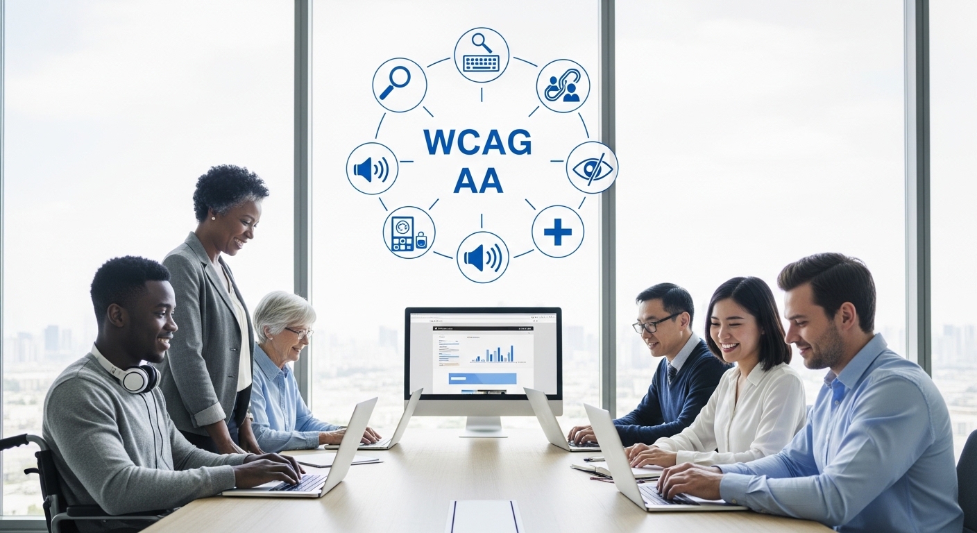 Diverse team of six professionals collaborating in a modern glass office, seated around a conference table with laptops, beneath the text “WCAG AA” surrounded by accessibility icons including keyboard, captions, audio, screen reader, and visual impairment symbols.
